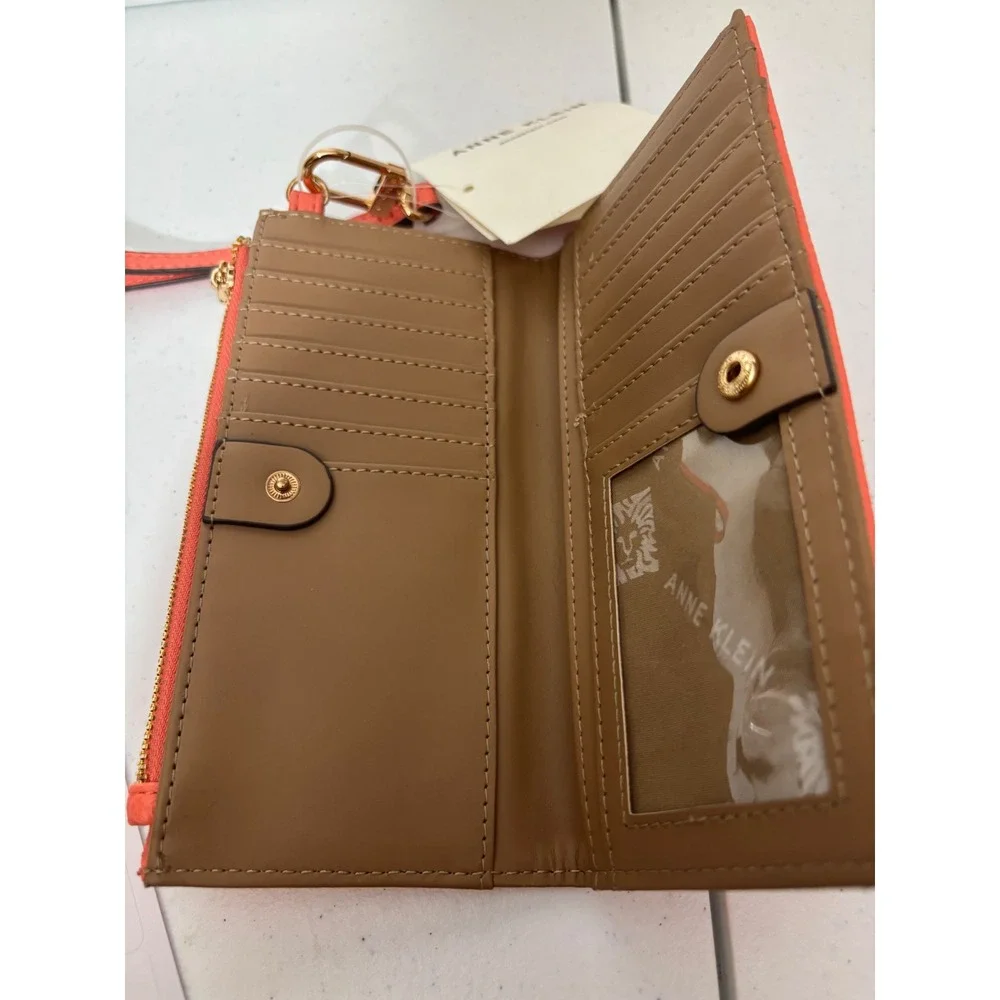 Anne Klein Coral Leather‎ Zip Around Wristlet Clutch Wallet Card Holder NEW